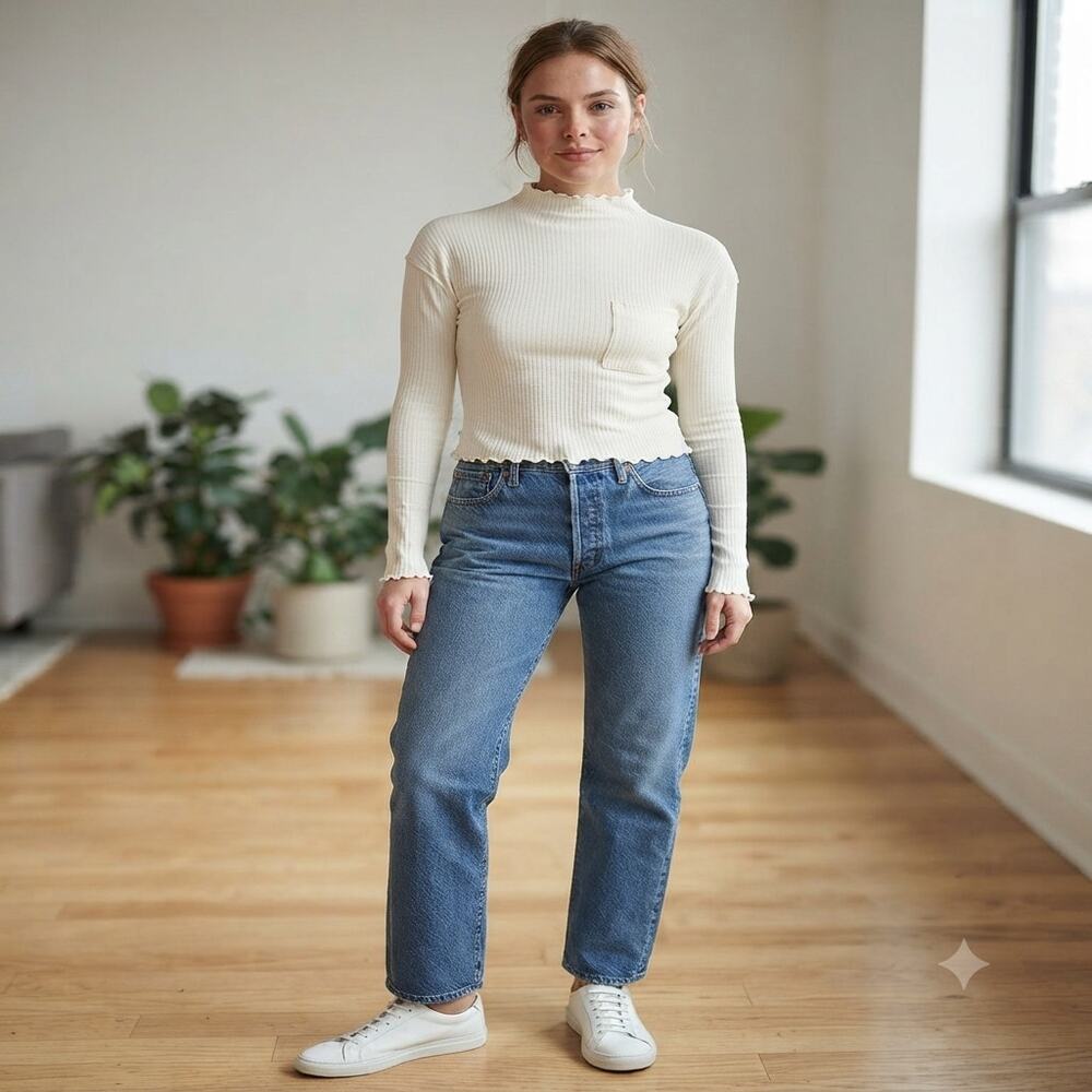 Stateside Ribbed Cotton Mock Neck Long Sleeve Patch Pocket Ribbed Top Cream S